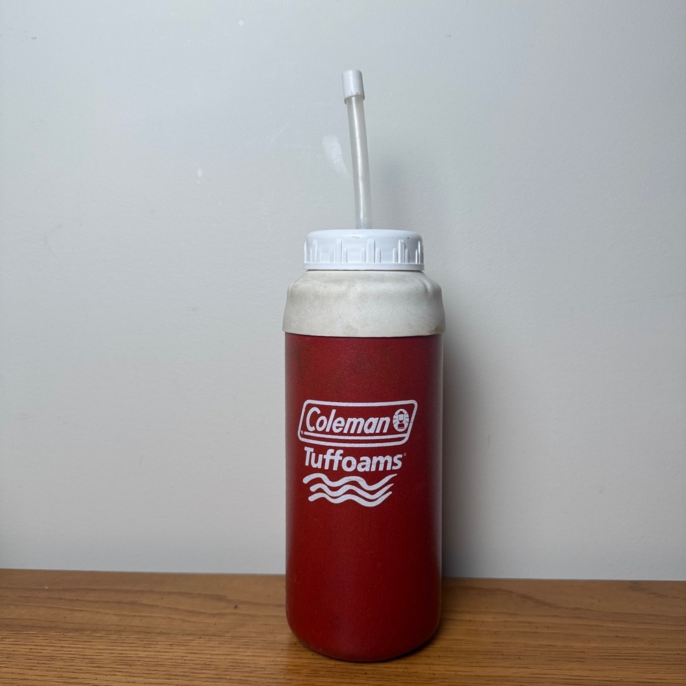 Vintage Coleman Tuffoam Insulated Water Bottle Red White Straw Cap‎ Made in USA